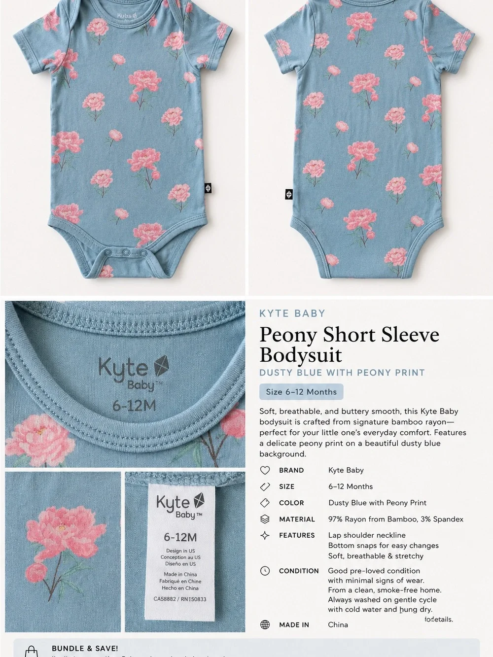 Kyte Baby Peony Dusty Blue Bamboo Bodysuit Onesie 6–12M Floral